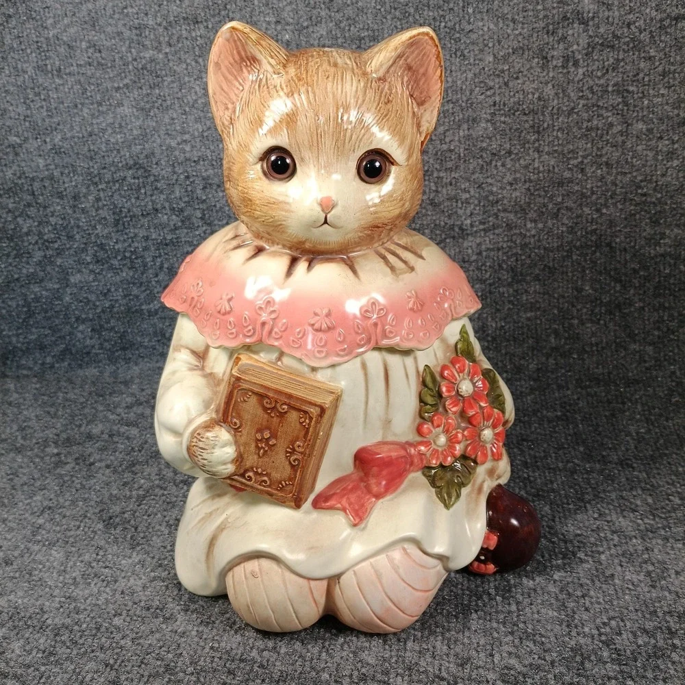 Vintage Cat Cookie Jar Japan Anthropomorphic Ceramic Kitten Pink Book Floral